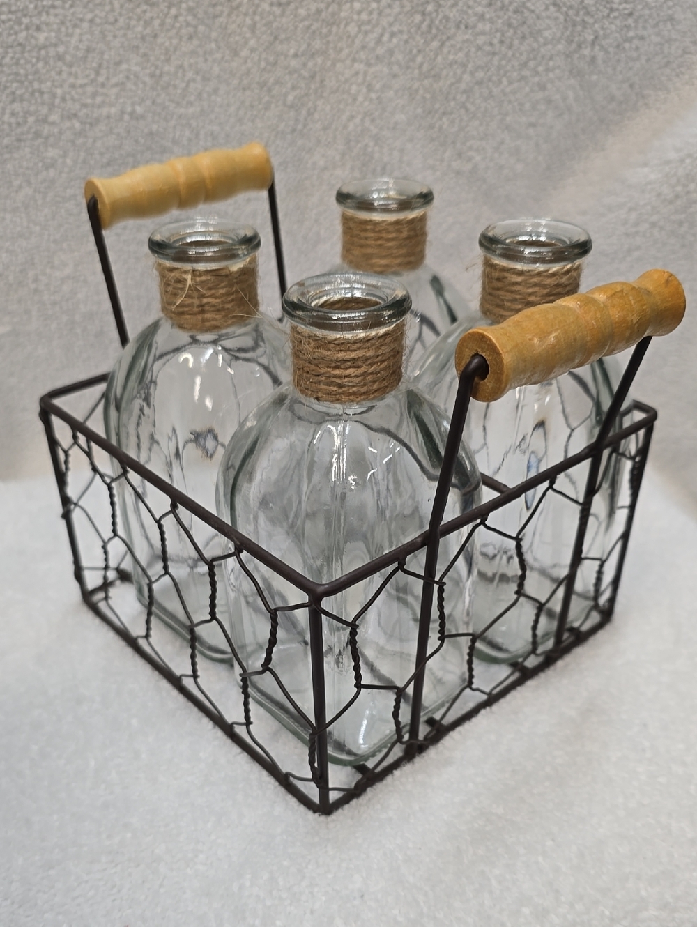 Rustic Glass Bottle Set with Wire Carrier and Wooden Handles